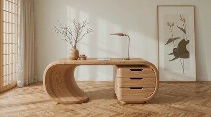 Contemporary curved wooden desk with integrated storage in Japanese-style minimalist interior