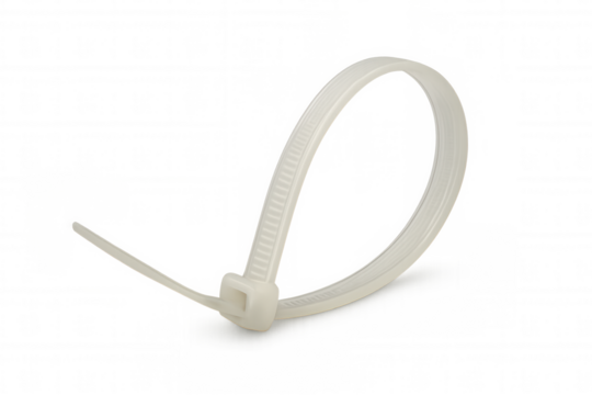 White nylon cable tie securing electrical wires, organization, and fastening solution on transparent background
