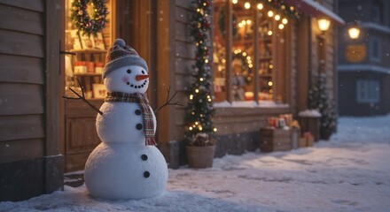Snowman stands cheerfully outside a cozy shop adorned with festive lights in a winter wonderland scene