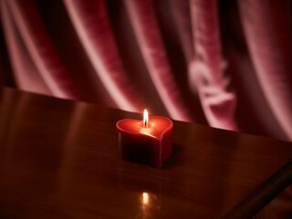 A solitary heart shaped red candle glows warmly casting a soft light against a backdrop of draped crimson curtains evoking romance and intimacy