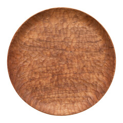 Round wooden plate isolated. Hand carved cherry wood platter. Handmade wooden platter.