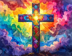 Vibrant watercolor depiction of a stained-glass cross surrounded by a spectrum of colorful clouds and light