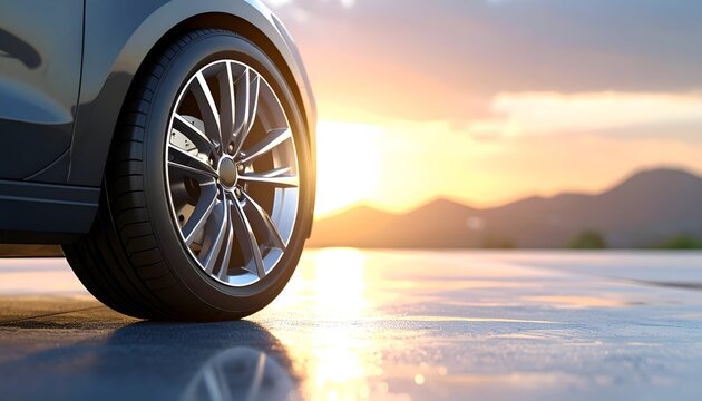 Close-up of a sleek car wheel at sunset, reflecting light on wet pavement with mountains in the background