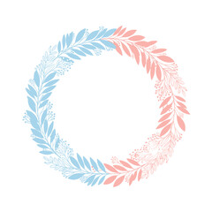 Obraz premium A circular arrangement of delicate floral and leaf elements in soft blue and pink.