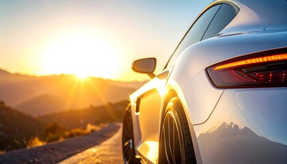 Fototapeta premium Sleek sports car parked on a winding mountain road at sunset, showcasing vibrant colors and serene landscape