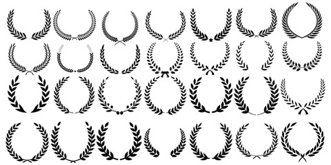 Golden laurel wreath symbolizes first place and achievement. Award badge design fits certificates and prize medals. Elegant leaf crown glows on black premium background. Vector set © Hike studio 333