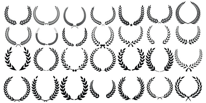 Golden laurel wreath symbolizes first place and achievement. Award badge design fits certificates and prize medals. Elegant leaf crown glows on black premium background. Vector set