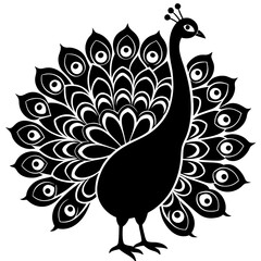 Stylized black silhouette of a peacock with displayed feathers