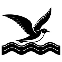 Black silhouette of a seabird flying low over stylized waves