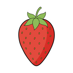 Obraz premium Simple cartoon illustration of a ripe red strawberry with green leaves
