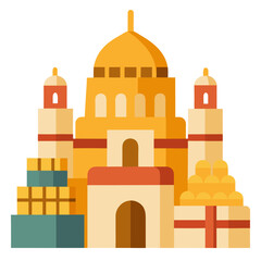 Stylized illustration of a grand golden building with towers and gifts