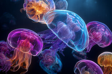Vibrant jellyfish dance in the deep ocean, a stunning aquatic ballet of colorful bioluminescence, creating a mesmerizing dreamscape for ocean life exploration