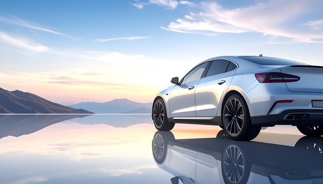 Sleek silver car parked on a reflective surface at sunset, with mountains in the backdrop