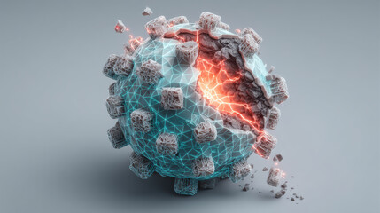 Glowing fractured digital sphere with exposed molten core and geometric wireframe, dramatic sci‑fi energy and rubble