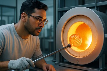 Focused artisan working with molten glass in glowing furnace during creative glassblowing process in modern workshop environment. Ai generative