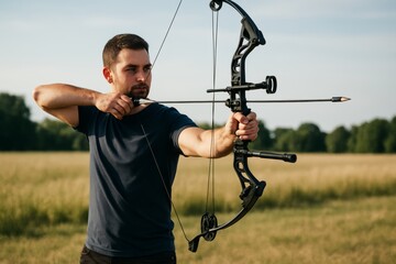Focused man aiming modern compound bow in field under clear sky, practicing archery with natural background in soft light outdoors. Ai generative