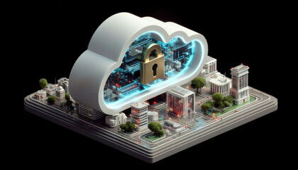 Fototapeta premium Secure cloud infrastructure protecting digital city with glowing lock and circuit core, futuristic data security concept, dramatic lighting