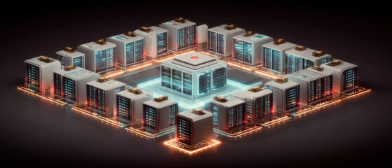 Futuristic data center rack server room with glowing circuitry and central controller, atmospheric lighting and sleek metallic cabinets