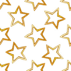 Hand drawn vintage seamless pattern of golden christmas stars, festive decorative element in color holiday illustration