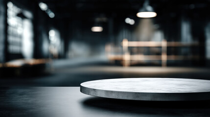 Obraz premium Black Surface in Studio, Minimalist product mockup scene. A black matte surface in the foreground with a blurred, dark studio background, copy space