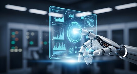 Futuristic concept of Artificial Intelligence and robotics collaborating with advanced data visualization, illustrating the digital transformation of enterprise analytics and automation