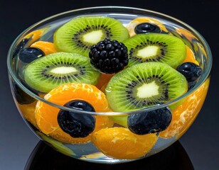Vibrant fruit salad in glass bowl; mandarin, kiwi, berries