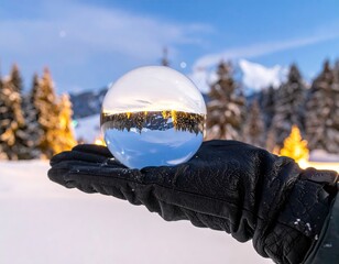 Winter scene refracted through globe held in gloved hand