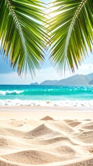 Tropical beach scene framed by palm leaves