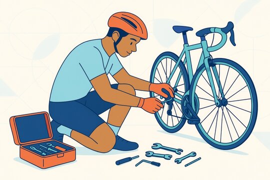 Cyclist repairing a road bicycle with tools on the ground in a clean workshop setting, wearing helmet and gloves on light background. Ai generative