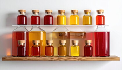 Colorful oils in glass bottles on wooden shelf, lit nicely