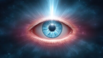 A powerful illustration of psychic energy radiating from a glowing eye, manifesting dreams into reality through streams of light. The power of thought and focus.