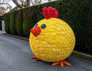 Oversized, round, fuzzy yellow chicken decoration on road