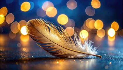 Feather on dark surface, bokeh lights background