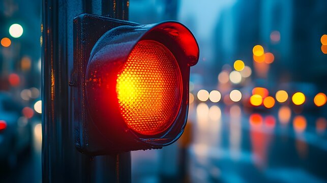 Red traffic light glows brightly on a rainy city street at night