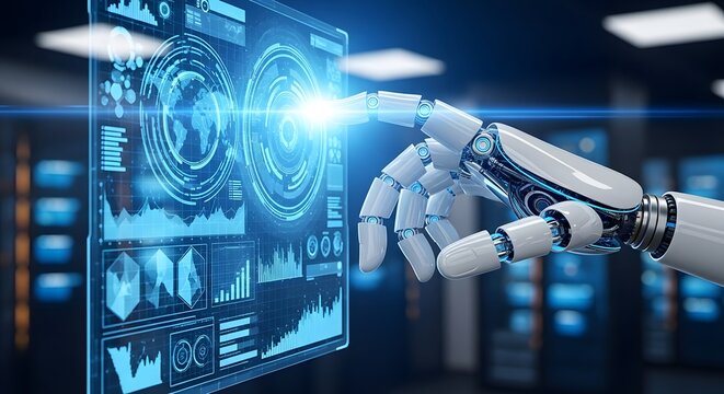 Robotic hand interacting with a futuristic digital interface displaying data and charts - Powered by Adobe