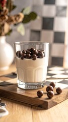Chocolate balls atop creamy white dessert in glass