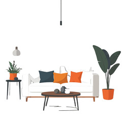 Cozy Living Room Interior with White Sofa and Colorful Pillows Against White Background Under Natural Lighting