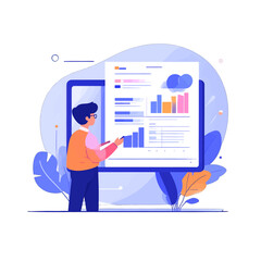 Man Presenting Bar Chart on Screen with Blue and Orange Accents Illustration for Business Presentation and Growth Analytics Isolated on White Background