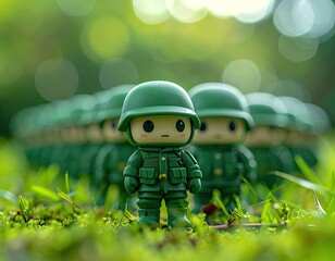 Tiny toy soldiers stand in green grass