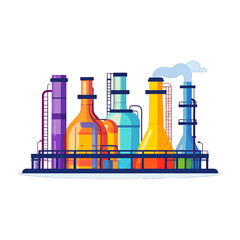 Stylized Colorful Industrial Plant Illustration with Towers and Pipes in a White Background Flat Design