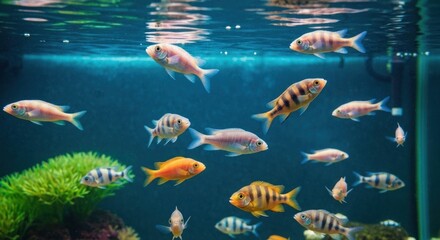 Aquarium scene, varied colorful fishes swimming in blue water near green plants
