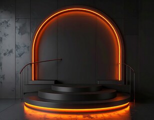 Lit arch frames tiered dark platform in minimalist space