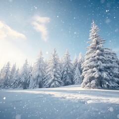 Naklejka premium Beautiful winter landscape with snow-covered pine trees, gentle snowfall, bright blue sky, soft lighting, shining snow texture, peaceful and serene atmosphere, realistic nature photography, frosty for