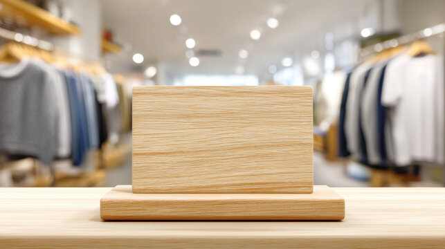 Counter in Boutique, Minimalist product mockup scene. A light wood display counter in the foreground with a blurred, bright boutique store background. commercial lighting. copy space, 3d illustration.