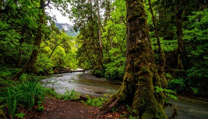 Moss-covered tree by a flowing forest stream