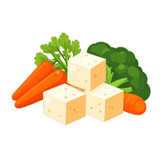 Isolated Pixel Art Still Life with Tofu Cubes Carrots and Broccoli on a White Background