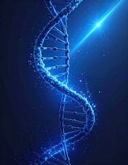 A vibrant, detailed depiction of a DNA helix, spiraling against a dark blue backdrop.  Light streaks and shimmering particles surround the structure