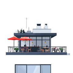 Pixelated Building with Red Umbrellas and Patio Furniture Against White Background