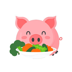 Illustration of a Happy Pink Pig Holding a Bowl of Colorful Vegetables Against a White Background Ideal for Children's Content About Healthy Eating