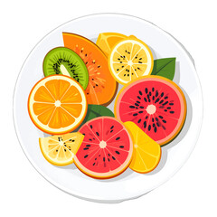 Vibrant Assortment of Fresh Citrus Fruit on White Plate with Colorful Orange Kiwi Lemon and Grapefruit Arrangement in Flat Style Presentation